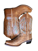 Old West Cowboy Boots 10 Mens WITH BOX! Brown Blue Stitched Leather Cowboy  - £89.38 GBP