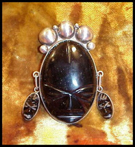 1950s Carved Trible Face Obsidian and Sterling Tribal Pin Mexico 45.4 Grams - £114.68 GBP