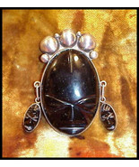 1950s Carved Trible Face Obsidian and Sterling Tribal Pin Mexico 45.4 Grams - £115.90 GBP