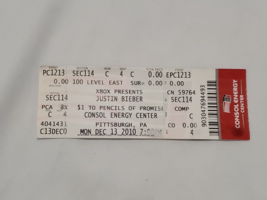 VINTAGE Dec 13 2010 Justin Bieber Pittsburgh Consol Center Concert Ticket - $49.49