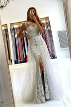 Beautiful Wedding Dress Illusion Lace High Slit Prom Dresses Long Robe de Soiree - £276.56 GBP