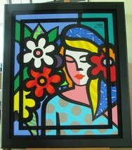 Jozza Tatiana Framed Original Hand Painted Filet 36x41.5&quot; girl floral XL pop art - £4,352.49 GBP