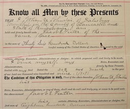 1909 Antique Bond Warrant Salisbury Lancaster Pa Jotham Johnston To Jacob Futer - £36.94 GBP