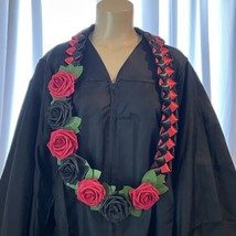 Graduation Lei Flower Deep Red Black Roses Flowers Leaves Four Braided R... - £39.10 GBP