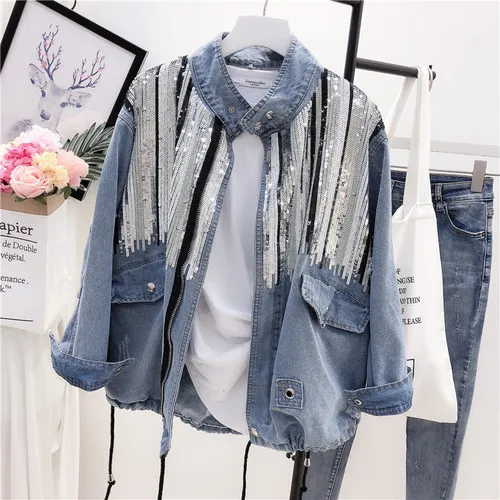 2019 New Spring  Fashion Loose denim jacket Women Streetwear Heavy craft Sequins - £224.65 GBP