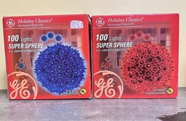 Lot Of 2 GE Holiday Classic 6" Super Sphere 100 Lights Starburst Balls Blue Red - £29.46 GBP