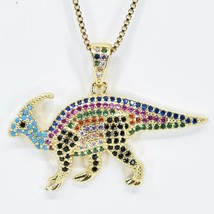 Multi Color Parasaurolophus Dinosaur Charm Pendant with 16&quot; Gold Plated Necklace - £13.37 GBP