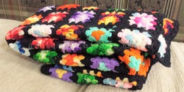 vintage GRANNY SQUARE black AFGHAN 56&quot; x 43&quot; Crochet Throw Blanket Handmade - £67.43 GBP