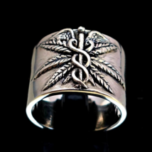 Sterling silver Band ring Caduceus Medical symbol and plant high polished and an - £88.20 GBP