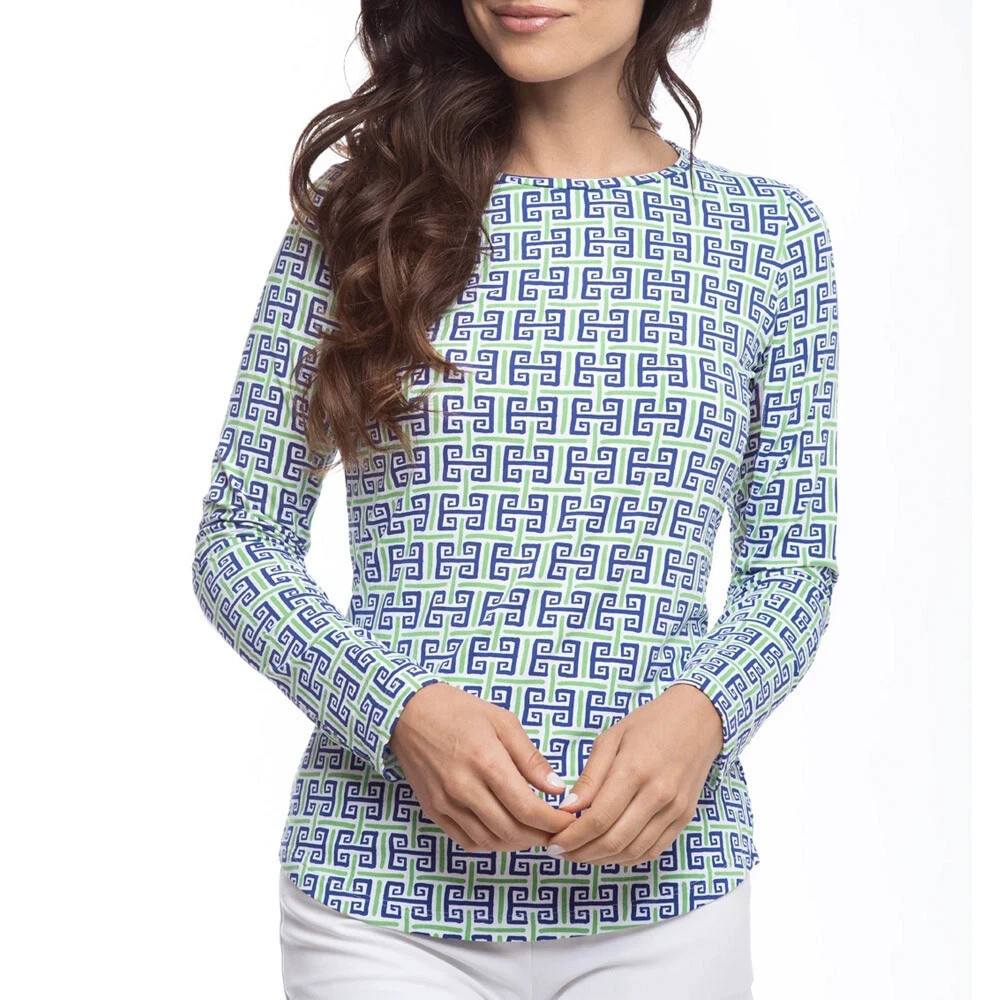 NWT IBKUL GEO KEY NAVY GREEN Long Sleeve Crew Neck Golf Tennis Shirt - M... - $59.99
