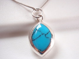 Reversible Blue Turquoise Mother of Pearl 925 Sterling Silver Marquise Necklace - £16.90 GBP