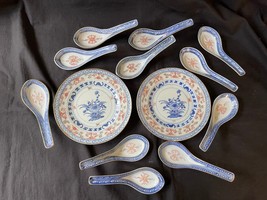 Antique Chinese  Rice Eyes Chrysanthemum plates and  spoon  ~ White / Bl... - £38.31 GBP