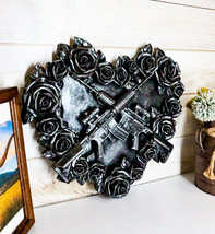 Gunmetal Roses and Rifle Guns Heart Shape Gothic Wall Decor Art Plaque Figurine - £34.47 GBP