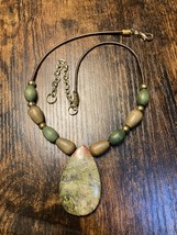 Unakite Center Stone Pendant With Brass/Wood Accent Beads On Leather Cord - £19.66 GBP