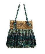 Cappelli Straworld BlueGreen Floral Fabric Straw Boho Handbag Double Han... - $27.98