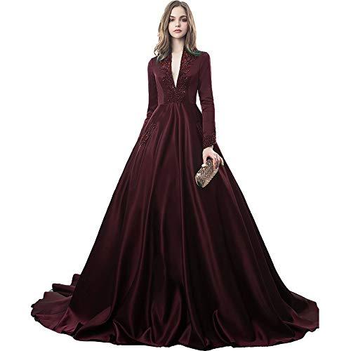 Custom Made Vintage Long Sleeves Beaded V Neck Evening Gown Prom Dress Dark Plum