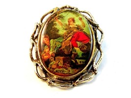 Vintage Portrait of a Man Woman &amp; Child in an Orchard Brooch - £11.98 GBP