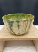 Small Pottery Bowl Dish Trinket Beige Green Drip Glaze Pottery 1968 Sign... - £11.42 GBP
