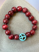 Cranberry Wood Round w Turquoise Painted PEACE Symbol Bead Stretch Bracelet – - £8.92 GBP