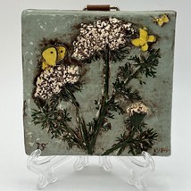 Small Vtg 3D Sculpted Decorative Tile Yarrow Butterflis Blue Yellow 4&quot; Hanging - £10.81 GBP