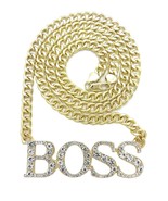 Large Gold Hip Hop Word BOSS Pendant Necklace, 8mm 30&quot; Cuban Chain - £13.97 GBP
