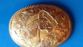 Vintage Western Belt Buckle Cowgirl Cowboy HorseHead Gold Tone Oval Engraved  - £31.96 GBP