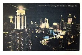 General Night Scene by Wacker Drive Chicago Illinois VTG Linen Postcard Unposted - £7.73 GBP