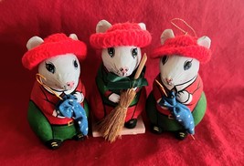 3 New Festive Mice Ornaments w Fabric Red Hats Umbrellas Broom Papier Mache - $24.74