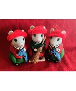 3 New Festive Mice Ornaments w Fabric Red Hats Umbrellas Broom Papier Mache - $446.24 MXN