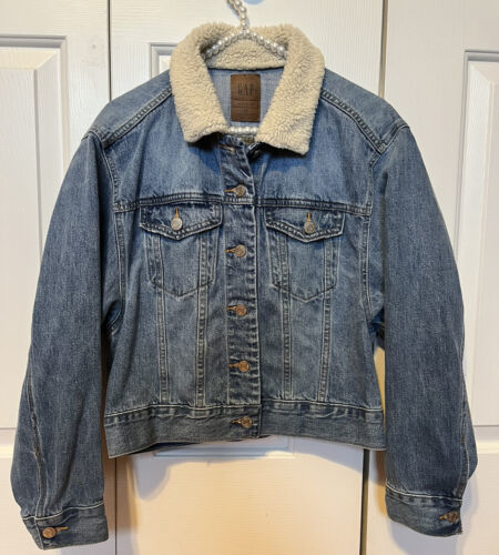 Primary image for Oversized Denim Sherpa jean Jacket Women’s XS cropped cotton blue cream 90's