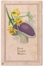 Postcard Embossed Best Easter Wishes Basket With Daffodils - $2.96