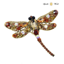 Crystal Gold &amp; Brown Dragonfly Brooch for Women Large Insect Pin Coat Brooch - £9.86 GBP