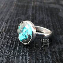 Artisan Handcrafted Natural Tibetan Turquoise Unisex 925 Silver Ring Gift Idea - £33.35 GBP