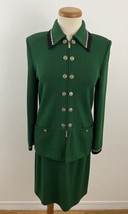 St. John Santana Knit 2pc Skirt Jacket Suit Set Women&#39;s 4/6 Green Chain Buttons - £241.25 GBP