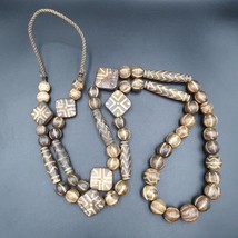 Asian Burmese Old Pumtek petrified Wood Stone beads Strand Long necklace - £97.70 GBP