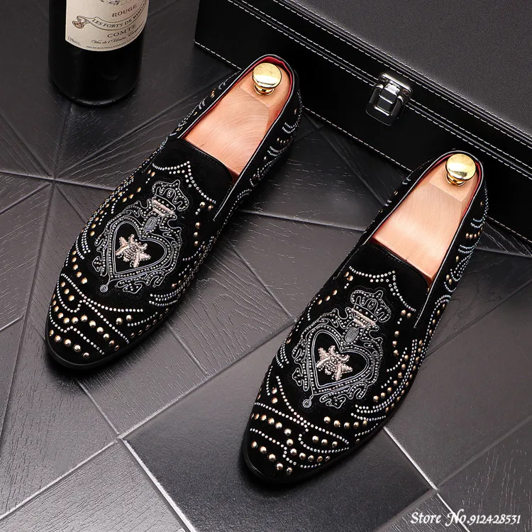  2022 Fashion Men Pointed Rivet Embroidery Rhinestone Casual Ox Shoes Wedding Gr - $89.62