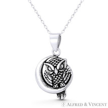 Perched Owl on Crescent Moon Charm Animism Jewelry .925 Sterling Silver Pendant - £20.95 GBP+