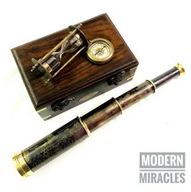 Télescope en laiton antique avec sablier et boussole dans une boîte en bois... - £47.69 GBP