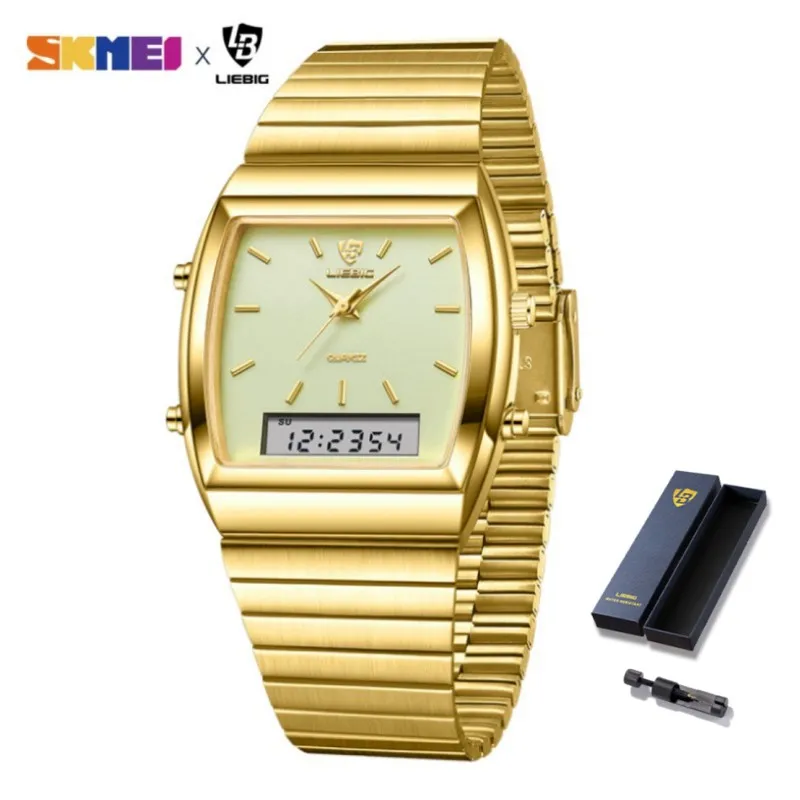Fashion Digital Quartz Dual Display All-Steel Watches Gold Fluorescent D... - $30.06