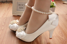 White Satin Bow Wedding Shoes High Heels Beading Straps Bridal High Heels Pumps  - £38.56 GBP