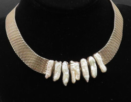 925 Sterling Silver - Vintage Rocky Mother Of Pearl Flat Mesh Necklace -... - £146.13 GBP