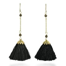 Dangling Black Tassels on Brass Chain with Quartz Bead Accent Earrings - £7.15 GBP