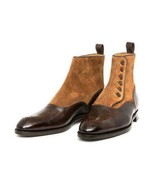 Handmade Two Tone Button Boots, Men Tan Suede And brown Leather Button Boot - £127.86 GBP+