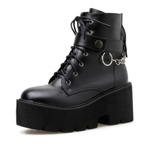 Gydh New Sexy Chain Women Leather Autumn Boots Block Heel Gothic Black Punk Styl - £103.07 GBP