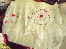 Aprons white organza with red designs and lace trim Vintage. - £15.98 GBP