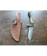 6&quot; Damascus Steel Hunting Skinning Knife Stag Antler Handle With Leather... - $462.43 MXN