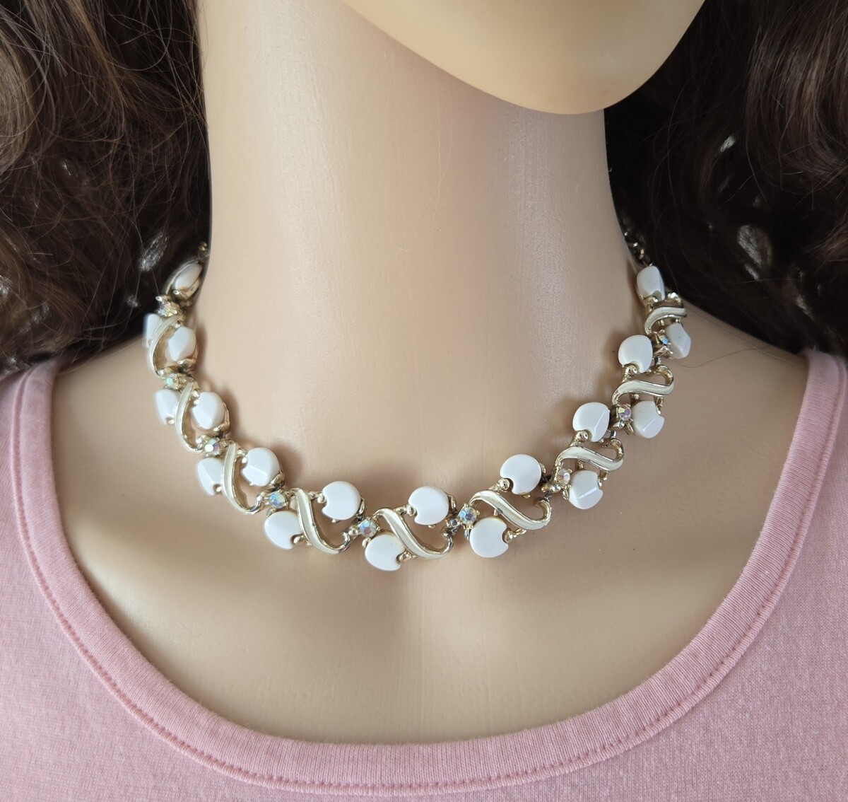 Vintage White Lucite Aurora Borealis Choker Necklace - $57.42