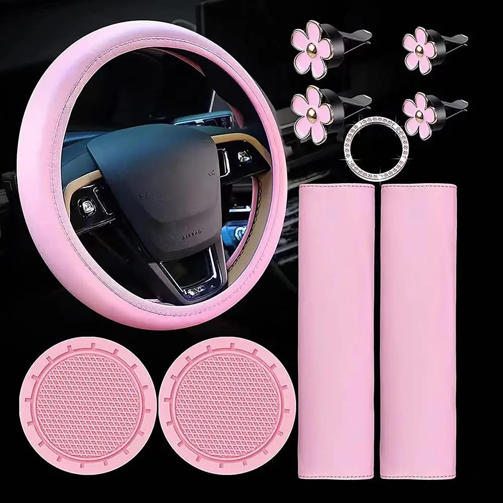 10 Pcs Leather Steering Wheel Cover For Women Cute Car Accessories Set With Seat - £14.49 GBP+