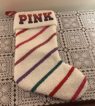 Victorias Secret PINK Christmas Stocking 17 Inch White Rainbow Stripes F... - £10.25 GBP