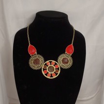 VTG Statement  Necklace Gold Tone Faceted Cabochon 22 Inch Long Boho Hippie - £11.60 GBP
